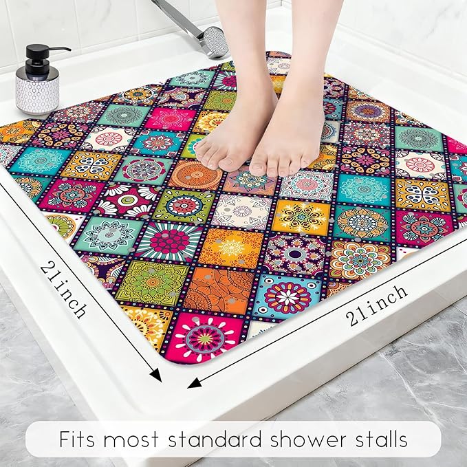 Bathtub Mat Non Slip, Bohemia Square Bath tub Mat Shower Floor Mat with Suction Cups for Adults Kids Elderly 21 X 21 Inch