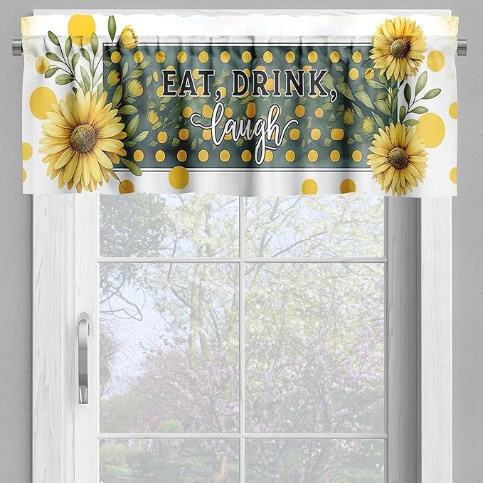 Ambesonne Eat Drink Laugh Valance & Tier Curtain 3 pcs Set, Vintage Summer Themed Print of Tea Pots Mugs and Cups Daisies, Window Treatments for Kitchen Room Decor, 55" x 36", Mustard and Hunter Green