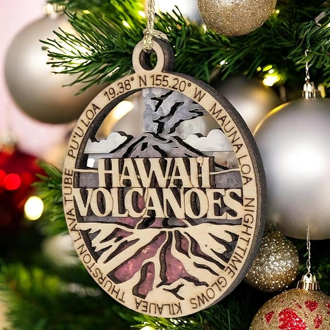 Hawaii Volcanoes National Park Ornament - Handmade Wood Laser Cut Christmas Decoration, Erupting Volcano Scene