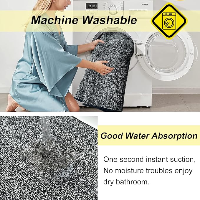 HDFK Bathroom Rugs Runner | Non Slip Washable Bath Mats 60x24 Inches 2 Tone Plush Chenille Medium Pile Floor Mat | Ultra Absorbent Black and White Shower Rug | Long Transition for Wet Dry Zone