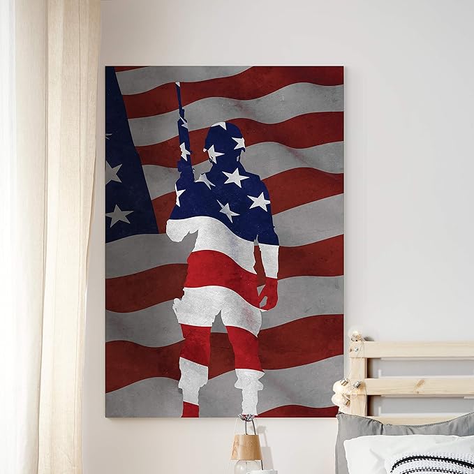 Renditions Gallery Canvas Patriotic Wall Art Paintings & Prints Artwork Proud Flag Draped Veteran Modern American Soldier Wall Hanging Decor for Dining Room Office Kitchen - 16"x20" LT25