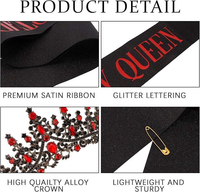 COCIDE Black Red Birthday Queen Sash for Women Happy Birthday Crowns Princess Tiaras Sashes for Girl Crystal Party Decorations Rhinestone Headband Supplies Decor