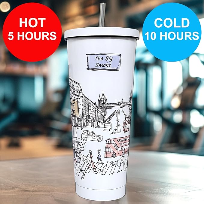 Cities Around the World 25 Oz Tumbler Series - Designed in the USA - Vacuum Insulated Tumbler with Lids & Straw - Stainless Steel Coffee Water Travel Mug, for Hot Cold Drink (London)