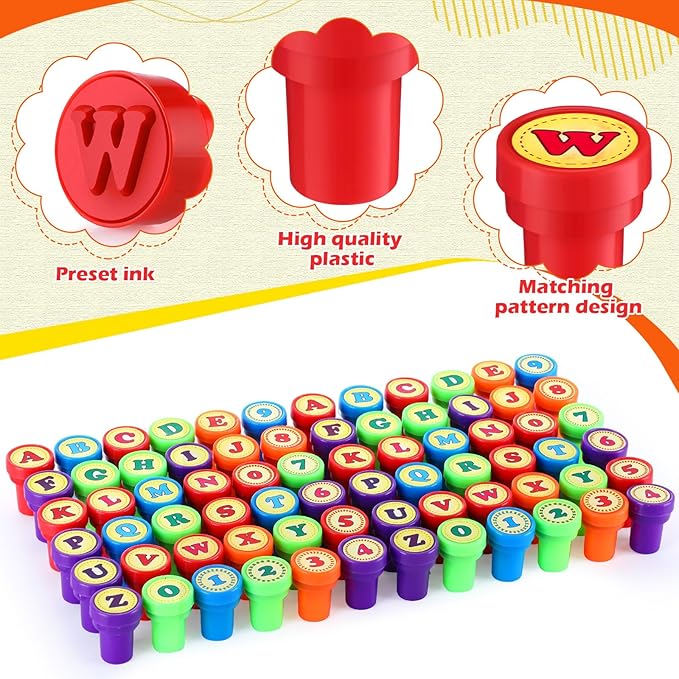 72 Pcs Number and Alphabet Stamps for Kids Letter Stamps for Kids Self Inking ABC for Boys and Girls, Classroom Rewards, Birthday Party Supplies