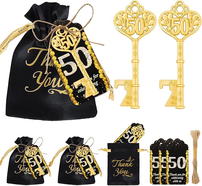 50Pcs 50th Gold Key Bottle Opener 50th Birthday Party Favors, 50th Anniversary Souvenirs Return Gifts 50th Key Beer Bottle Opener With Thank You Cards For Party Birthday Wedding Shower (50)