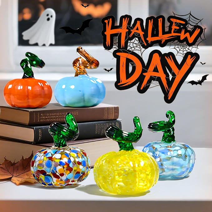 5pcs Small Blown Glass Pumpkin Figurine Collectible Halloween Thanksgiving Glass Pumpkin Paperweight Fall Harvest Decorations for Home(Colorful)