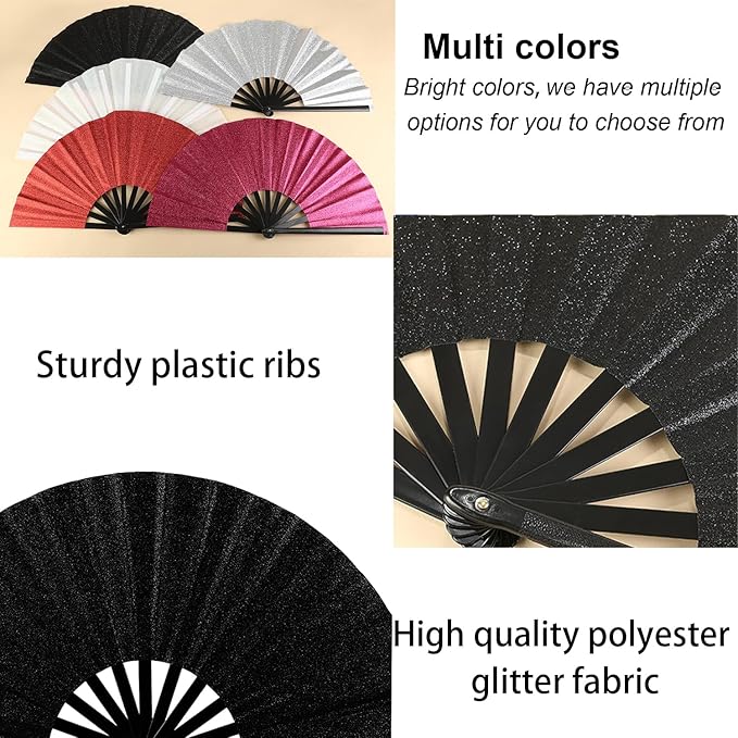Huralona 4 Pack Large Folding Hand Clap Fan Fabric Rave Popping Glitter Fans Chinese Kung Fu Tai Chi Hand Fan Festival Dance Gift Performance Decorations (Glitter-Red)