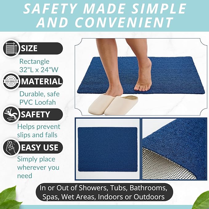 Enkosi Loofah Non-Slip Shower Mat - Shower Floors, Bathtub, Bathrooms, Wet Areas - Cushioned Bath Mat with Drain Holes - Quick Dry PVC, Secure Safety Pad Without Suction Cups (32x24 Navy)
