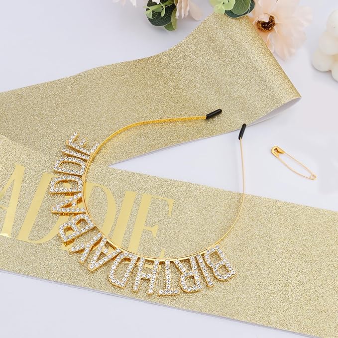 Canitor Birthday Baddie Sash Crown Set Birthday Gifts Party Favors Supplies Decorations & Accessories for Women Girl Adult Outfits Rhinestone Tiara Headband Soft Satin Sash