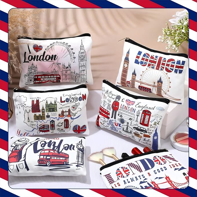 Reginary 6 Pcs City Cosmetic Bag Souvenir Gifts New York Zipper Pouch Chicago Souvenir Seattle Boston Nashville London Paris Italy Alaska Gifts Memento for Women Traveler(London)