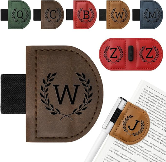Personalized Bygone Mark Bookmark with Pen Holder,Engraving Leather Magnetic Bookmarks Vintage 26 Letters Name Initials Text Book Marker Clips Gifts for Reading Book Lovers Women (Coffee, W)