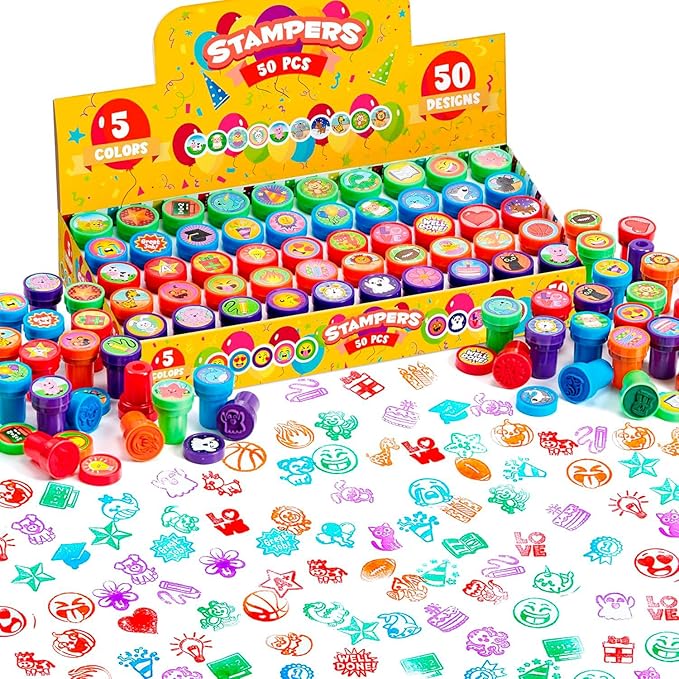 JOYIN 50 Pcs Assorted Stamps for Kids - Self-Ink Stamps with 50 Designs for Birthday Party Favor, Carnival Prizes, School Stampers, Goodie Bag, Halloween, Christmas (Zoo, Holiday Stampers)