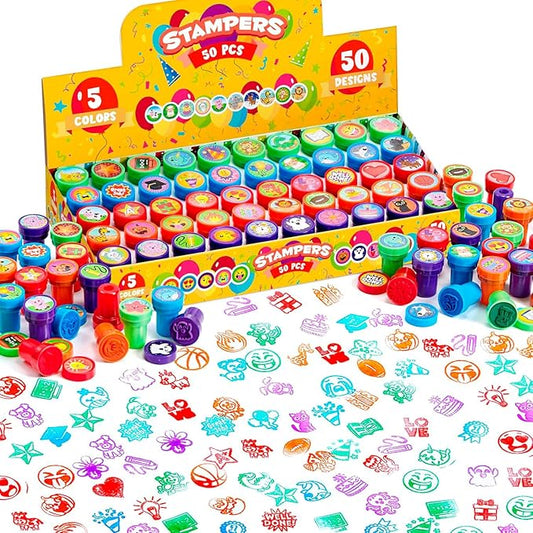 JOYIN 50 Pcs Assorted Stamps for Kids - Self-Ink Stamps with 50 Designs for Birthday Party Favor, Carnival Prizes, School Stampers, Goodie Bag, Halloween, Christmas (Zoo, Holiday Stampers)