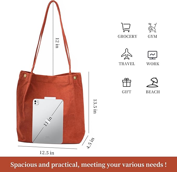 Corduroy Tote Bag Cute Tote Bags for Women Shoulder Bag with Inner Pocket for Work Beach Travel and Shopping Grocery