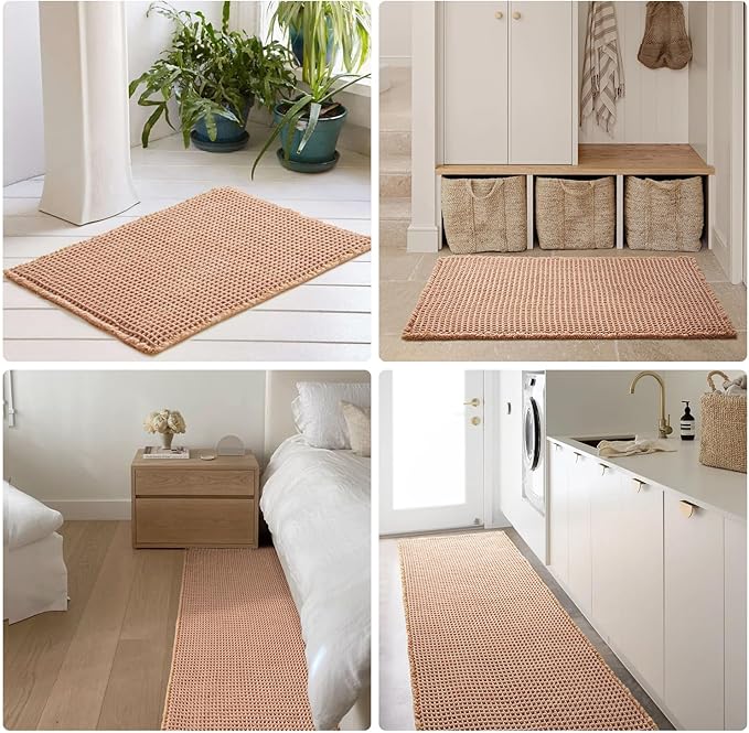 Waffle Runner Rug Bathroom, Long Boho Bathroom Rugs Non Slip Washable Super Absorbent Quick Dry Farmhouse Bath Decor, 60"x24" Light Peach