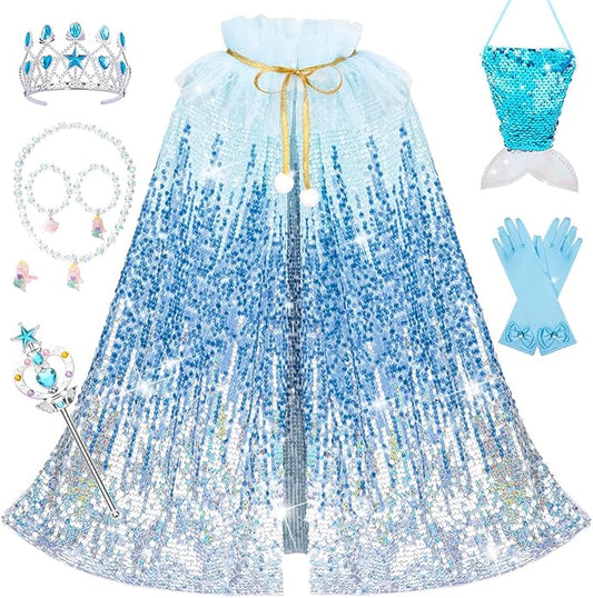 Meland Princess Dress Up for Girls 3-8, 11Pcs Mermaid Cape with Crown, Dress Up Clothes Birthday Gift Toys for Girls Toddlers