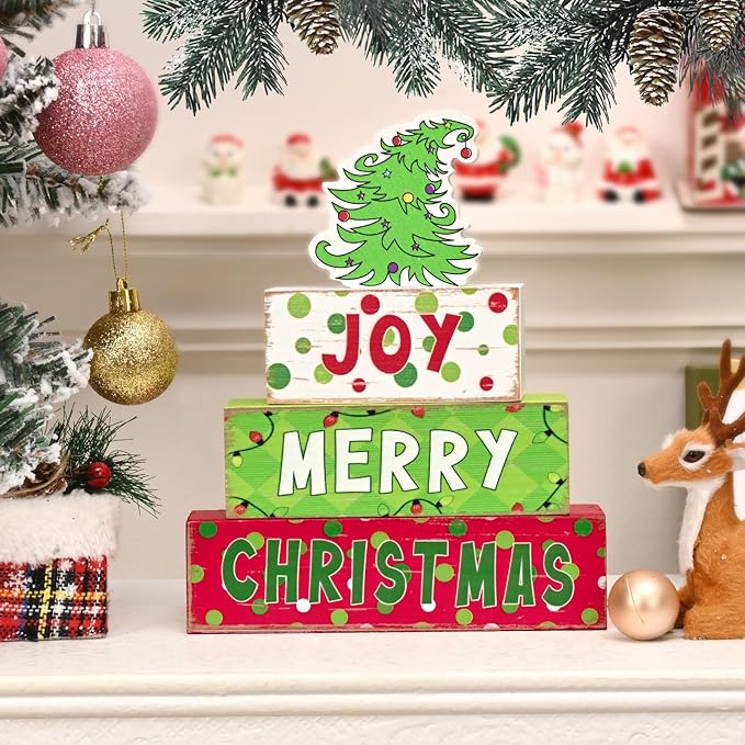 Yinhua Christmas Decorations Indoor, Christmas Table Decor, Funny Xmas Tree Decorations, Farmhouse Wooden Block Sign, Table Top Decors, Xmas Mantel Decor for Tiered Tray, Desk, Bookshelf