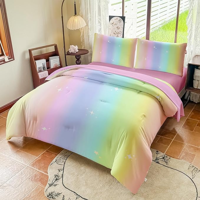 Rainbow Bedding Set Full Size – 5 Piece Reversible Girls Comforter with Deep-Pocket Sheet, Gradient Galaxy Design, Whole-Piece Filling, Machine Washable Bed-in-a-Bag for Kids Room Makeover & Gifts