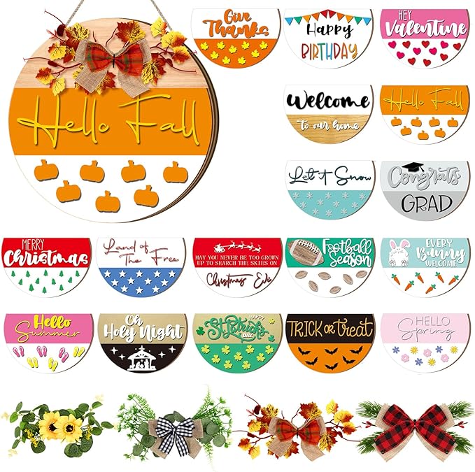 Vicenpal 22 Pcs Interchangeable Welcome Sign for Front Door with 17 Magnetic Icon Wooden Seasonal Front Porch Door Decor with 4 Seasonal Wreaths for Holiday Halloween Christmas Gift (Black,Cute)