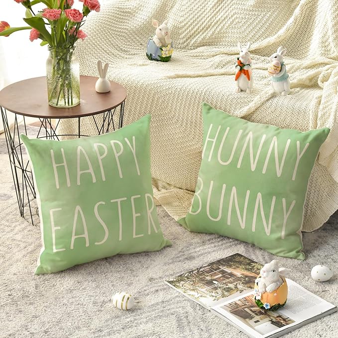 AVOIN colorlife Happy Easter Hunny Bunny Green Throw Pillow Covers, 18 x 18 Inch Easter Eggs Bunny Spring Cushion Case for Sofa Couch Set of 4