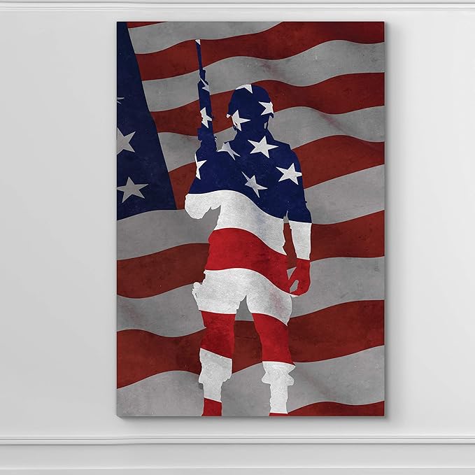 Renditions Gallery Canvas Patriotic Wall Art Paintings & Prints Artwork Proud Flag Draped Veteran Modern American Soldier Wall Hanging Decor for Dining Room Office Kitchen - 16"x20" LT25