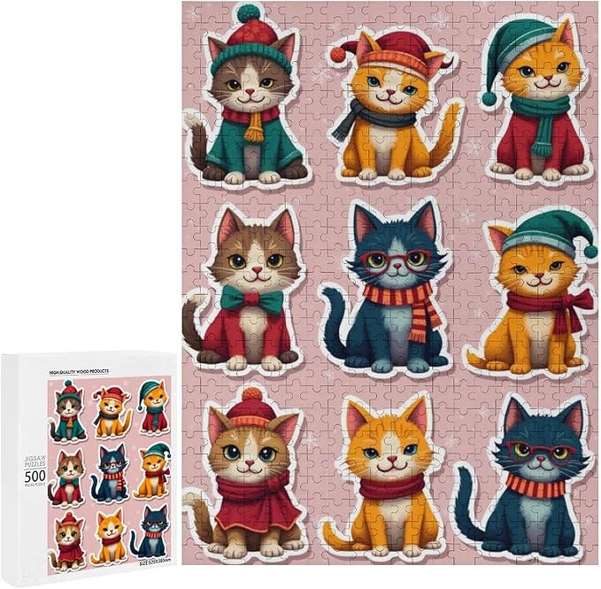 Wooden Puzzle 500 Pieces Adult - Christmas Cat Puzzle Christmas Puzzles, Holiday Puzzles, Family Toys, Party Games, Jigsaw Puzzle Challenge and Funny