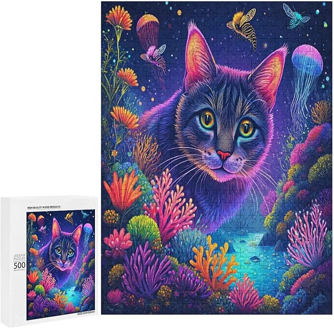 Wooden Puzzles 500 Piece，Color Cat Portrait Themed Jigsaw Puzzles，Puzzle Games Challenge Puzzles，Educational Games，Family Puzzles，Unique Gifts for Wall Art
