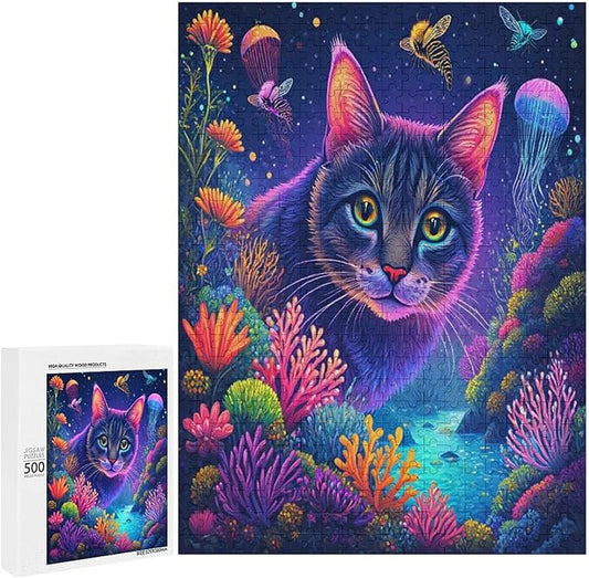 Wooden Puzzles 500 Piece，Color Cat Portrait Themed Jigsaw Puzzles，Puzzle Games Challenge Puzzles，Educational Games，Family Puzzles，Unique Gifts for Wall Art
