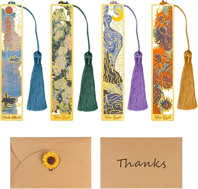 4 Pieces Metal Bookmarks Exquisite with Tassel,Golden Hollow Bookmark with Envelopes,Oil Painting Theme Vintage Book Mark,Pretty Bookmarks for Friends Teachers Students Birthday Present