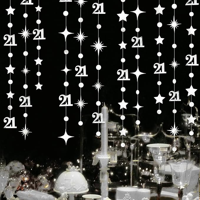 Silver 21st Birthday Decorations Number 21 Circle Dot Twinkle Star Garland Metallic Hanging Streamer Banner Backdrop for Girls Boys Cheers to 21 Years Finally Legal Bday 21st Anniversary Party Decor