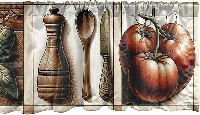 Ambesonne Farmhouse Window Valance Pack of 2, Modern Art of Leaves Huddle and Tomato Print with Beige Tone Lines, Rod Pocket Curtain Valances Kitchen Bedroom, 54" X 18",Paprika Rust and Green