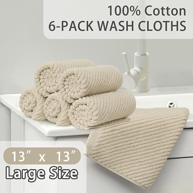Cotton Washcloths - 6PC 13"x13" | Quick Dry | Soft | Light Weight | Absorbent | Hotel Quality, Luxury Wash Cloths for Body, Hand Towels for Bathroom & Showering, Towel Gift Set, Beige | Tan