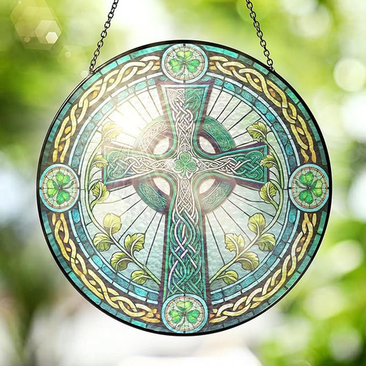 FLAGWIX Irish Gifts for Women Men - 100% Stained Glass Hanging Suncatcher 8 in - Birthday Irish Decorations for Family Friends, Celtic Cross Home Decor, St Patricks Day Decorations