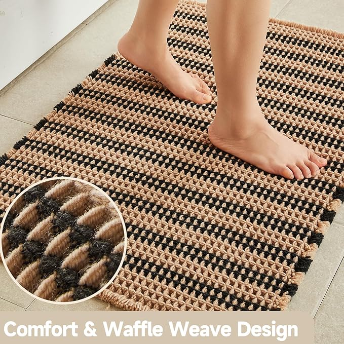 Waffle Bath Mat, Boho Bathroom Rugs Non Slip Washable Super Absorbent Quick Dry Bath Mat Farmhouse Bathroom Decor, 24"x16" Black and Khaki