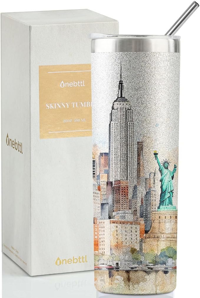 Onebttl New York City Skyline Gifts, NYC Gifts for NYC Lovers, Skyline Map 20oz Stainless Steel Tumblers with Lids and Straws, Perfect for Birthday & Christmas