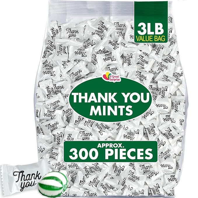 A Great Surprise Thank You Mints - Approx. 300 Pieces - 3 Pounds - Hospitality Bulk Mints Individually Wrapped - Wedding Candy - After Dinner Favors