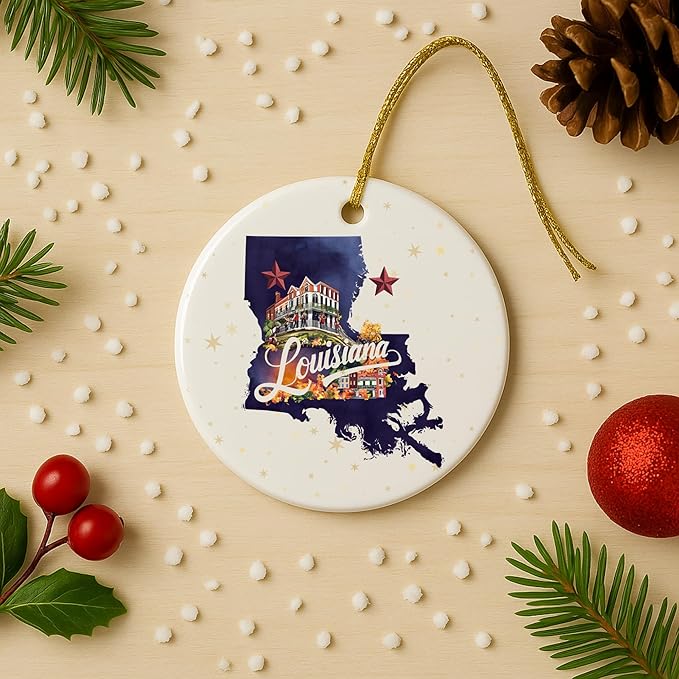 USA State Landmark Ceramic Ornament – Round Glossy Christmas Decoration Featuring U.S. State Art, Landmarks & Holiday Scenery – Collectible Travel Souvenir Ornament Series (Louisiana)