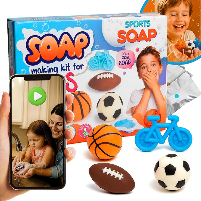 Soap Making Kit for Kids – DIY Soap Making Kit with Sports Shaped Soap Moulds (Basketball, Football, Soccer & Bicycle) Soap Making Supplies that Promote Hygiene DIY Kits for Kids Mobile App Included