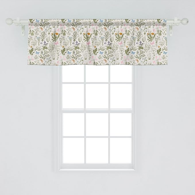Ambesonne Vintage Window Valance Pack of 2, Garden Art Nature Theme with Herbs and Flowers Colorful Spring Season Elements, Rod Pocket Curtain Valances for Kitchen Bedroom, 54" X 18", Sage Green