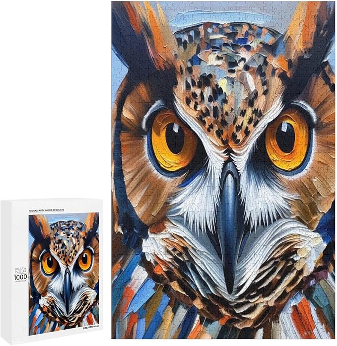 Owl Oil Painting Wooden Puzzle 1000 Pieces Jigsaw Puzzles for Adults Puzzle Educational Toys Challenging Fun Games Gifts for Elders Kids Family and Friends