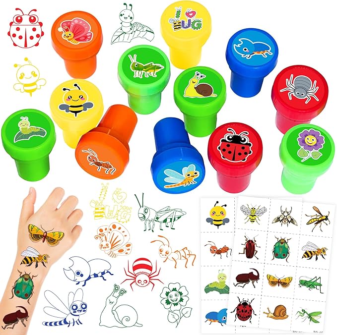 36PCS Bug Party Favors - 24PCS Pre-Cut Temporary Tattoos & 12PCS Stamps - Ideal Spring Summer Animal Themed Birthday Card Decorations Supplies Goodie Bag Kids Gifts Classroom Rewards Prizes