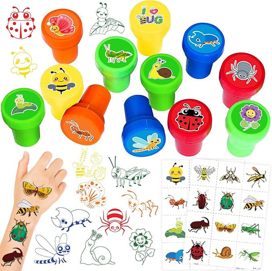 36PCS Bug Party Favors - 24PCS Pre-Cut Temporary Tattoos & 12PCS Stamps - Ideal Spring Summer Animal Themed Birthday Card Decorations Supplies Goodie Bag Kids Gifts Classroom Rewards Prizes