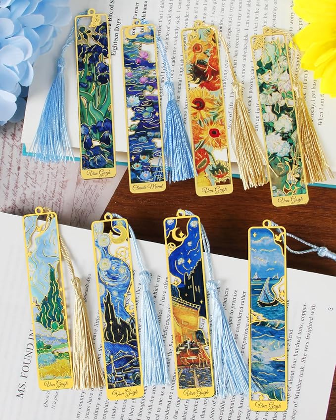 8 Pieces Metal Bookmarks with Tassel, Golden Hollow Bookmark Van Gogh Monet Oil Painting Theme Book Mark for Book Lovers Writers Readers Children Teens Men Women Adults