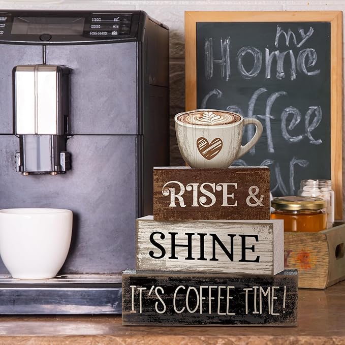 4 Pcs Farmhouse Coffee Bar Sign Decor Wooden Cup Rise & Shine It's Coffee Time Rustic Wood Cafe Sign Gift for Home Kitchen Tabletop Decor