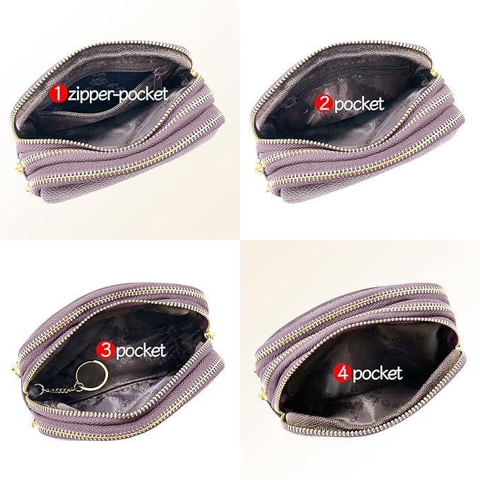 LINNO 3 Zippered Genuine Leather Coin Purse Triple Capacity Change Pouch Little Travel Wallet With Key Ring for Women
