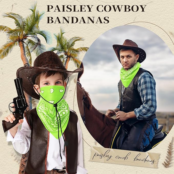 Blulu 6 Pcs Neon Color Cowboy Bandanas for Men Women Assorted Paisley Pattern Handkerchiefs 22 x 22 Inch Kids Headwrap Scarfs