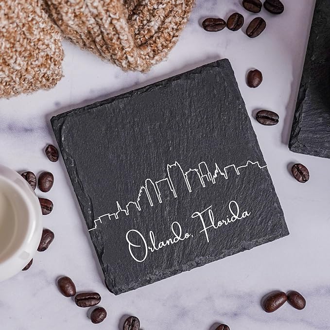 Blue Ridge Mountain Gifts - Orlando FL Skyline Coasters, Set of 4 - Orlando Florida Souvenir, Slate Coasters with Minimalist Skyline, Housewarming Gift for Friends, Family, & Neighbors