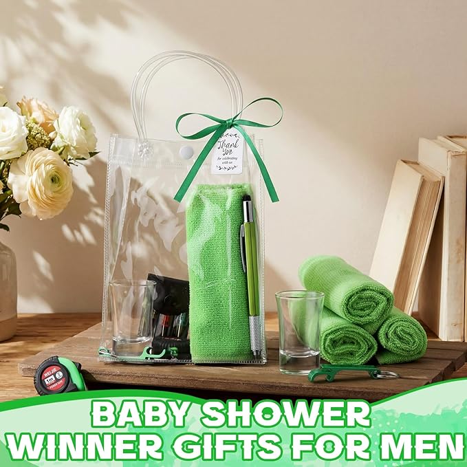 Leinuosen 6 Set Baby Shower Prizes for Men with Cleaning Cloth Bottle Opener Screwdriver Tape Measuring Keychain Multi Tool Pen Gift Bag Baby Shower Game Prizes for Winner(Green,Classic Style)