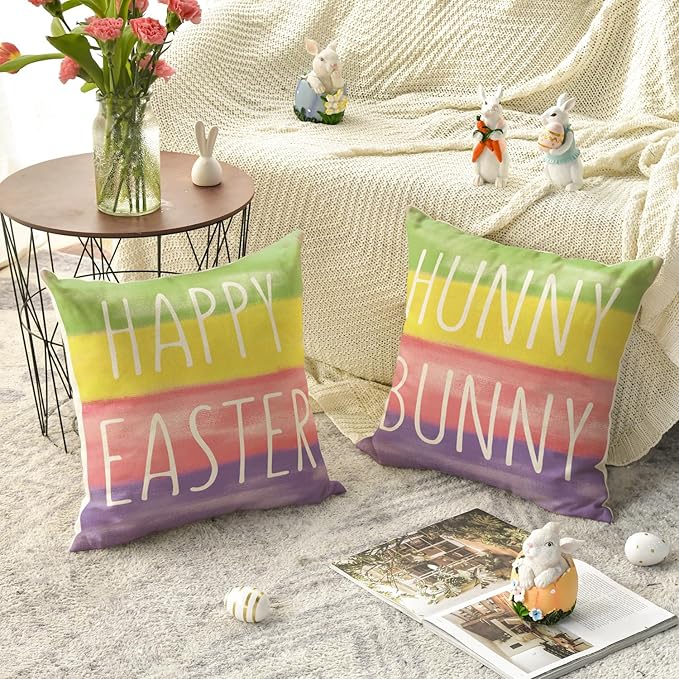 AVOIN colorlife Happy Easter Hunny Bunny Colorful Srtipes Throw Pillow Covers, 18 x 18 Inch Easter Eggs Bunny Spring Cushion Case for Sofa Couch Set of 4