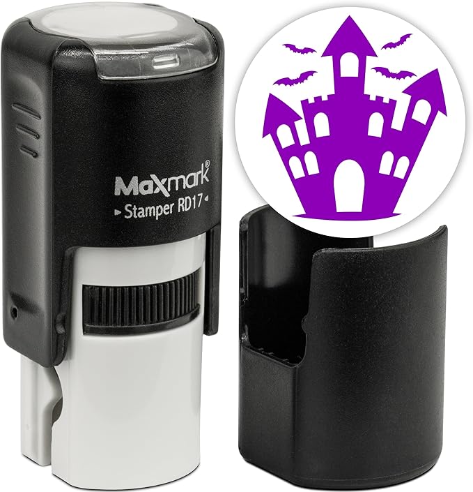 MaxMark Round Self Inking Halloween Stamp - Castle - Purple Ink